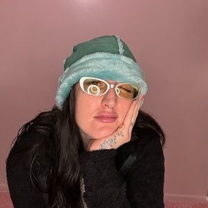 vintage 90s green & blue suede & fur hat